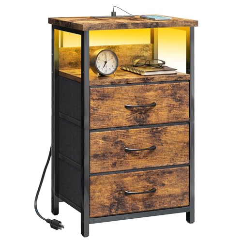 Night Stand with 3 Fabric Drawers (15.7"D x 11.8"W x 26.9"H (3 drawers) / Power+Light (1pc) / Rustic Brown)