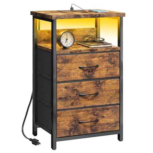 Night Stand with 3 Fabric Drawers (15.7"D x 11.8"W x 26.9"H (3 drawers) / Power+Light (1pc) / Rustic Brown)