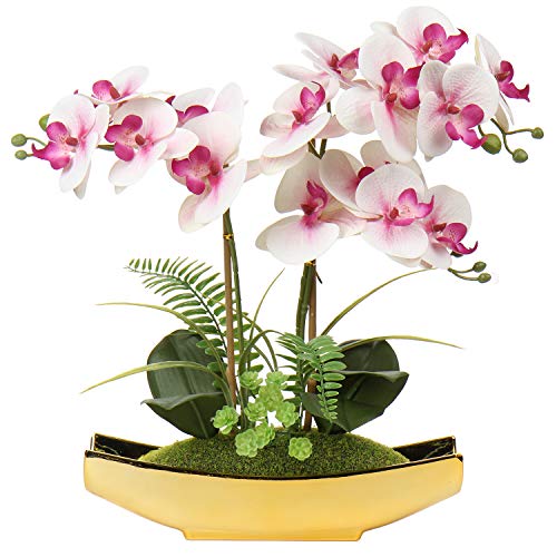 Orchids Artificial Flowers 15" Light Pink Phalaenopsis Orchid with Gold Pots Real Touch Faux Orchid Plant for Home Office Living Room Table Shelf Decor (Pink#2)