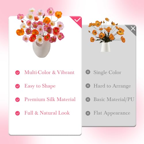 12PCS 36Heads Artificial Poppy Flowers with Stems (Orange+pink)