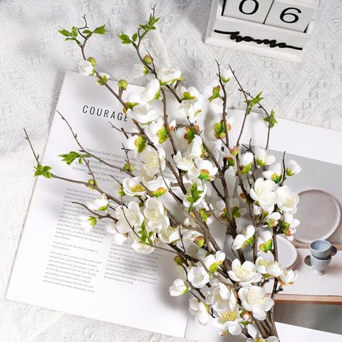 Artificial Plum Blossom Fake Cherry Blossom Branches Fake Flowers Artificial Flowers 4PCS 35.4'' Long Stem Artificial Flowers for Tall Vase Silk Flowers for Indoor Home Decor (White)