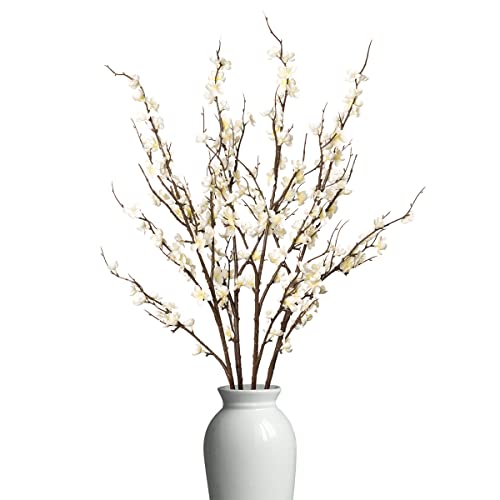 4Pcs Cherry Blossom Branches Artificial Flowers for Spring Summer Indoor Decoration (White)