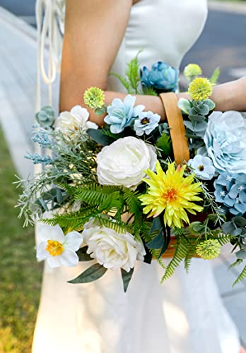 Artificial Flowers Combo Peony 35pcs Silk Roses Mix Fake Flowers for DIY Wedding Bouquets Combo Gradual Change Centerpieces Arrangements Party Bridal Baby Shower Home Decorations (Blue Yellow)