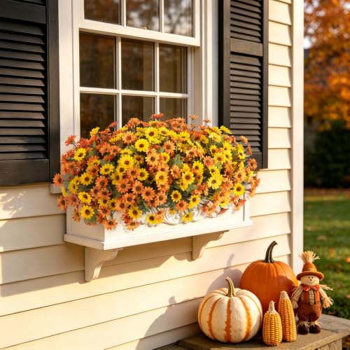 Artificial Fall Flowers Fake Mums Plants for Outdoors Decoration (6 Yellow, 6 Orange)