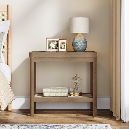 Rattan Side Table End Table with Round Edge Design (Caramel Oak, Round Edges)