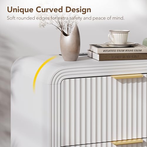 23'' Wide Fluted Nightstand with Charging Station (White / 2 Drawers)