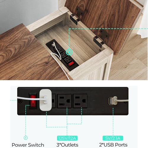 Set of 2 Charging End Tables with USB Ports (Washed Grey and Brown / Glass Door)