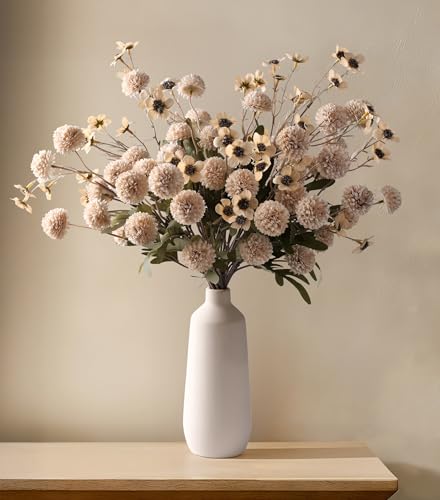 8 Pcs Fake Mums Kiku Flowers Artificial with Wild Flowers Bulk (8pcs-beige Wax&kiku)