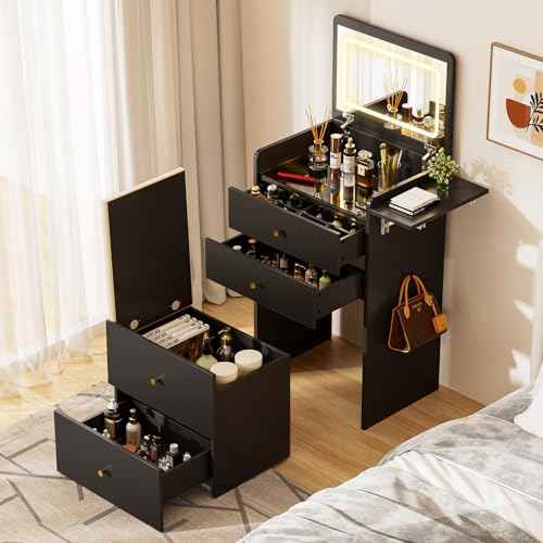 Makeup Vanity Desk with Mirror and Lights (Ink Black)