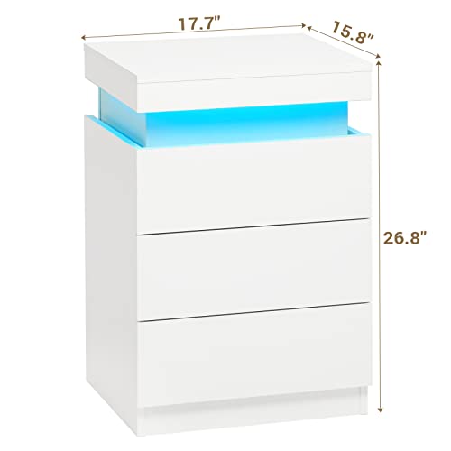 White Nightstand with Charging Station and LED Lights (White)