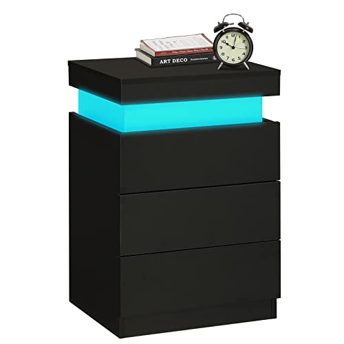 Black Nightstand with Charging Station and LED Lights (Black)