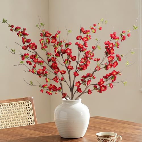 Artificial Cherry Blossom Branches Fake Plum Blossom 35.4''Fake Flowers Cherry Blossoms Faux Flowers Long Stem Artificial Flowers for Tall Vase for Indoor Home Decoration (Red)