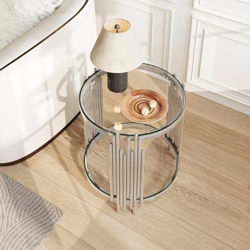 19.7''D Round Glass Side End Table with 2 Tiers (Silver)