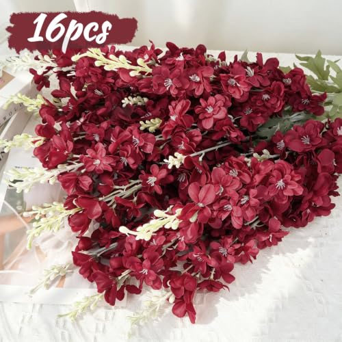 16Pcs Burgundy Delphinium Artificial Flower 33.5''Long Stem Burgundy Flower (Red)