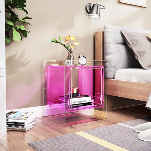 Acrylic Nightstand Colorful Bedside Table with Open Storage Shelf (Pink)