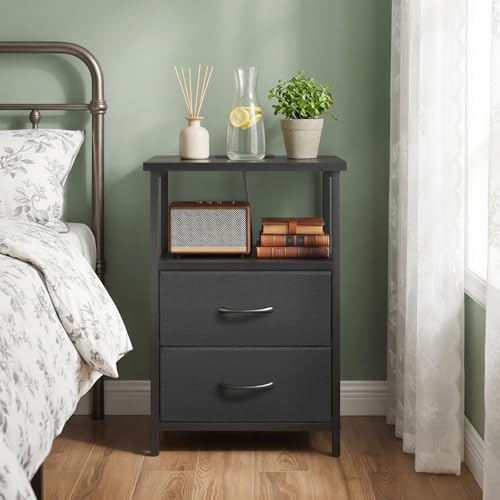 Night Stand with Charging Station (15.7"D x 11.8"W x 23.6"H (2 drawers) / Power (1pc) / Black)