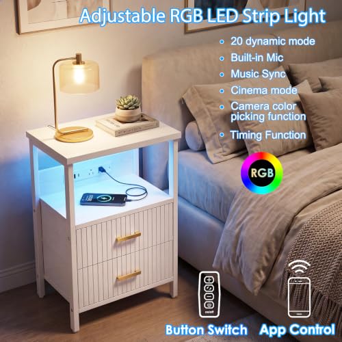 Night Stand with Charging Station (15.7"D x 11.8"W x 23.6"H (2 drawers) / Power+Light (1pc) / White Fluted)