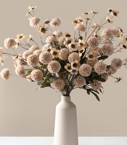 8 Pcs Fake Mums Kiku Flowers Artificial with Wild Flowers Bulk (8pcs-beige Wax&kiku)