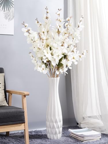 6PCS White Delphinium Artificial Flower Lifelike Larkspur Silk Flowers Plant 35.43'' Long Stem Blossoms Fake Flowers for Tall Vase Floral Arrangements Home Table Wedding Decor (White)