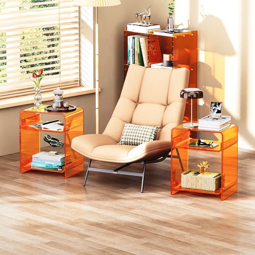 Acrylic End Table Record Player Table with Storage Shelf Clear Side Table Nightstand (Orange)