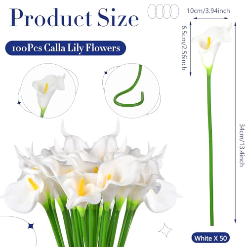 100 Pcs Fake White Calla Lily Flower for Wedding 13.4" Real Lifelike Artificial Calla Lily Bouquet Faux Flower for Home Kitchen Bride Shower Party Decorations
