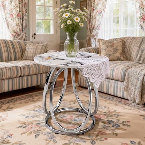 Round End Table with Marbling Stone (White)