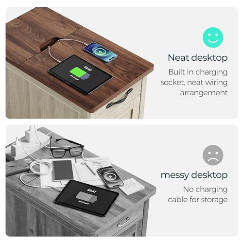 Set of 2 Charging End Tables with USB (Washed Grey and Brown / Wood Door)