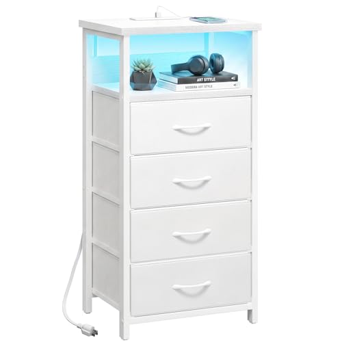 Night Stand with Charging Station (15.7"D x 11.8"W x 33.1"H (4 drawers) / Power+Light (1pc) / White)