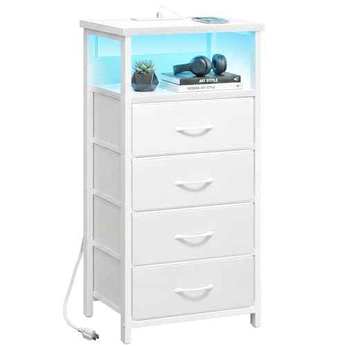 Night Stand with Charging Station (15.7"D x 11.8"W x 33.1"H (4 drawers) / Power+Light (1pc) / White)
