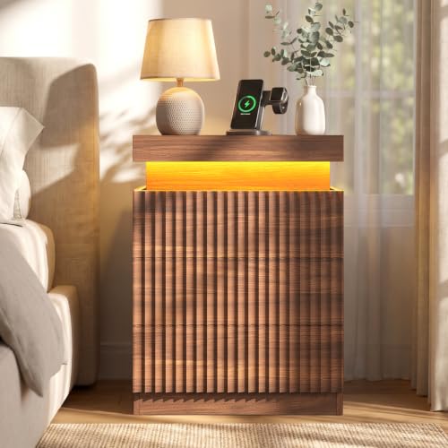 Fluted Nightstand with Charging Station and LED Lights (Walnut)