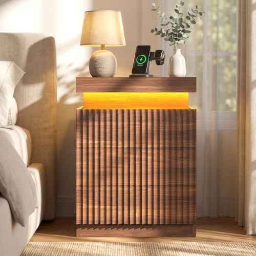 Fluted Nightstand with Charging Station and LED Lights (Walnut)