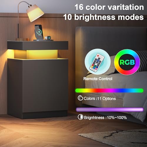 LED Nightstands Set of 2 with Charging Station (Black / 17.7 inch-2P-Charging Station)