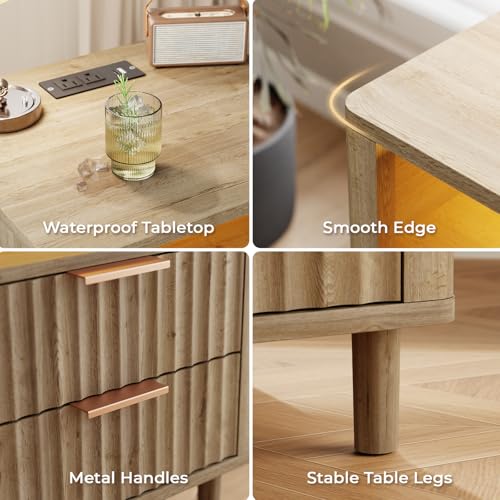 Fluted Nightstand with Charging Station (Oak / 3 Drawers)