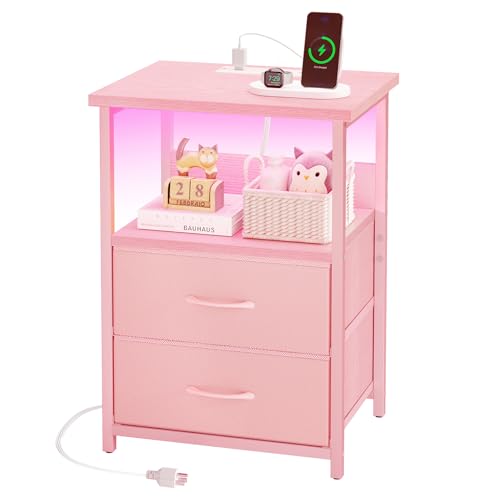 Night Stand with Charging Station (15.7"D x 11.8"W x 23.6"H (2 drawers) / Power+Light (1pc) / Pink)