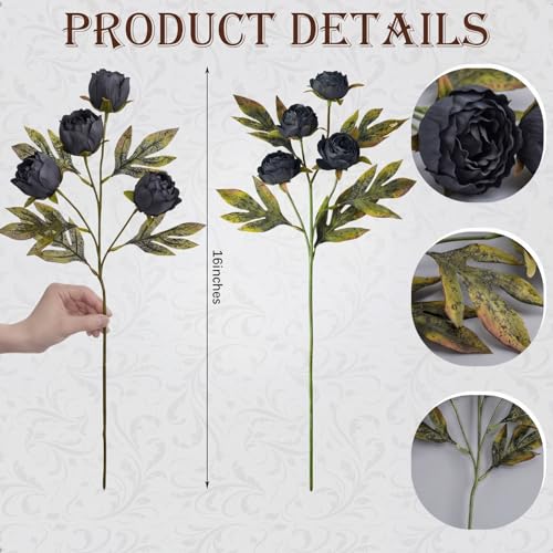 Faux Silk Peony Artificial Flowers Stem for Vase (Black)