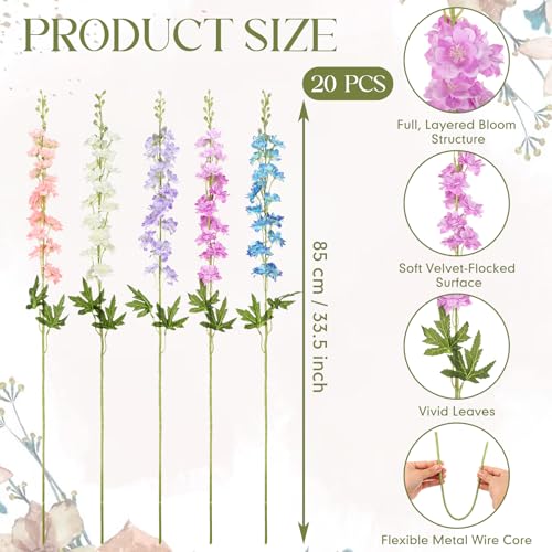 20 Delphinium Artificial Flowers 33.5" Long Stem (Mixed Color)