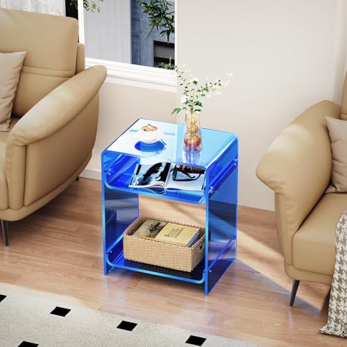 Acrylic End Table Record Player Table with Storage Shelf Clear Side Table Nightstand (Blue)