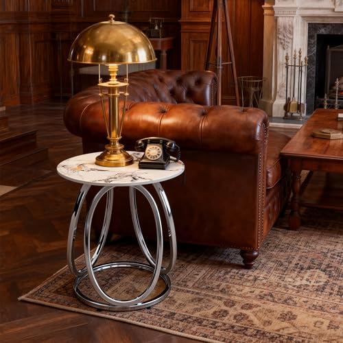 Round End Table with Marbling Stone (White)