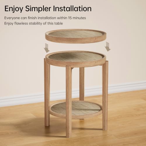 Rattan Round Side Table End Table with Storage Shelf (Natural Oak, Round)