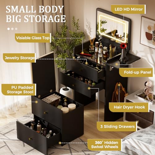 Makeup Vanity Desk with Mirror and Lights (Ink Black)