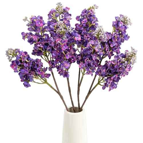 4PCS 25.6inch Lilac Artificial Flowers Deep Purple Fake Delphinium Long Stem Silk Real Touch Flower Faux Lilac Floral Arrangement for Tall Vase Table Wedding Garden Home Decoration（Deep Purple） (25.6inch Deep Purple / 4 Pcs)