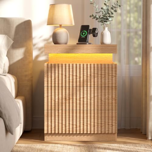 Fluted Nightstand with Charging Station and LED Lights (Oak)