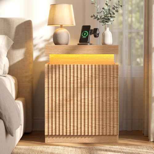 Fluted Nightstand with Charging Station and LED Lights (Oak)