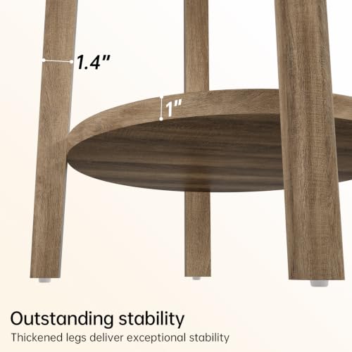 Rattan Round Side Table End Table with Storage Shelf (Caramel Oak, Round)