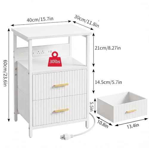 Night Stand with Charging Station (15.7"D x 11.8"W x 23.6"H (2 drawers) / Power+Light (1pc) / White Fluted)