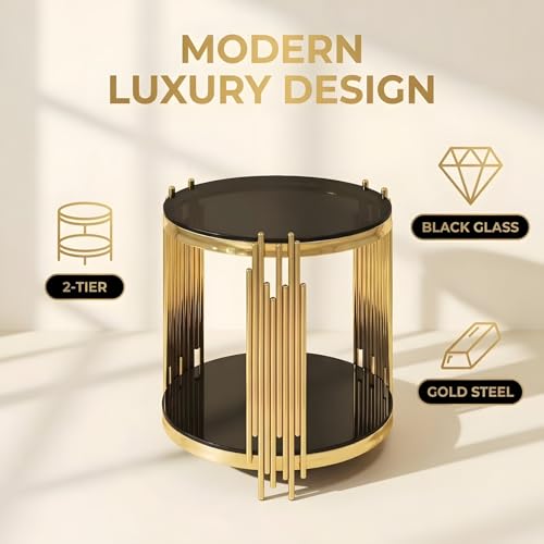 19.7''D Round Glass Side End Table with 2 Tiers (Gold & Black)