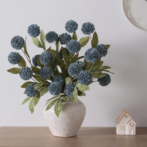 6 Pcs 27"Artificial Pompon Mum Silk Flower Stems for Vase (Dark Blue)