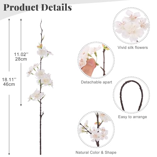 Artificial Cherry Blossom Branches Decor 12 PCS Fake Flowers Indoor (12pcs-18.11 Inch White)