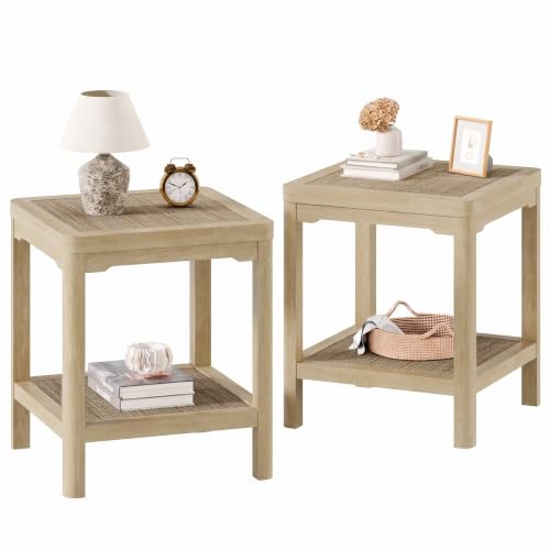 Square Rattan End Table Side Table Set of 2 with Round Edge Design (Light Oak, Square)