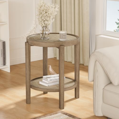 Rattan Round Side Table End Table Set of 2 with Storage Shelf (Caramel Oak, Round)